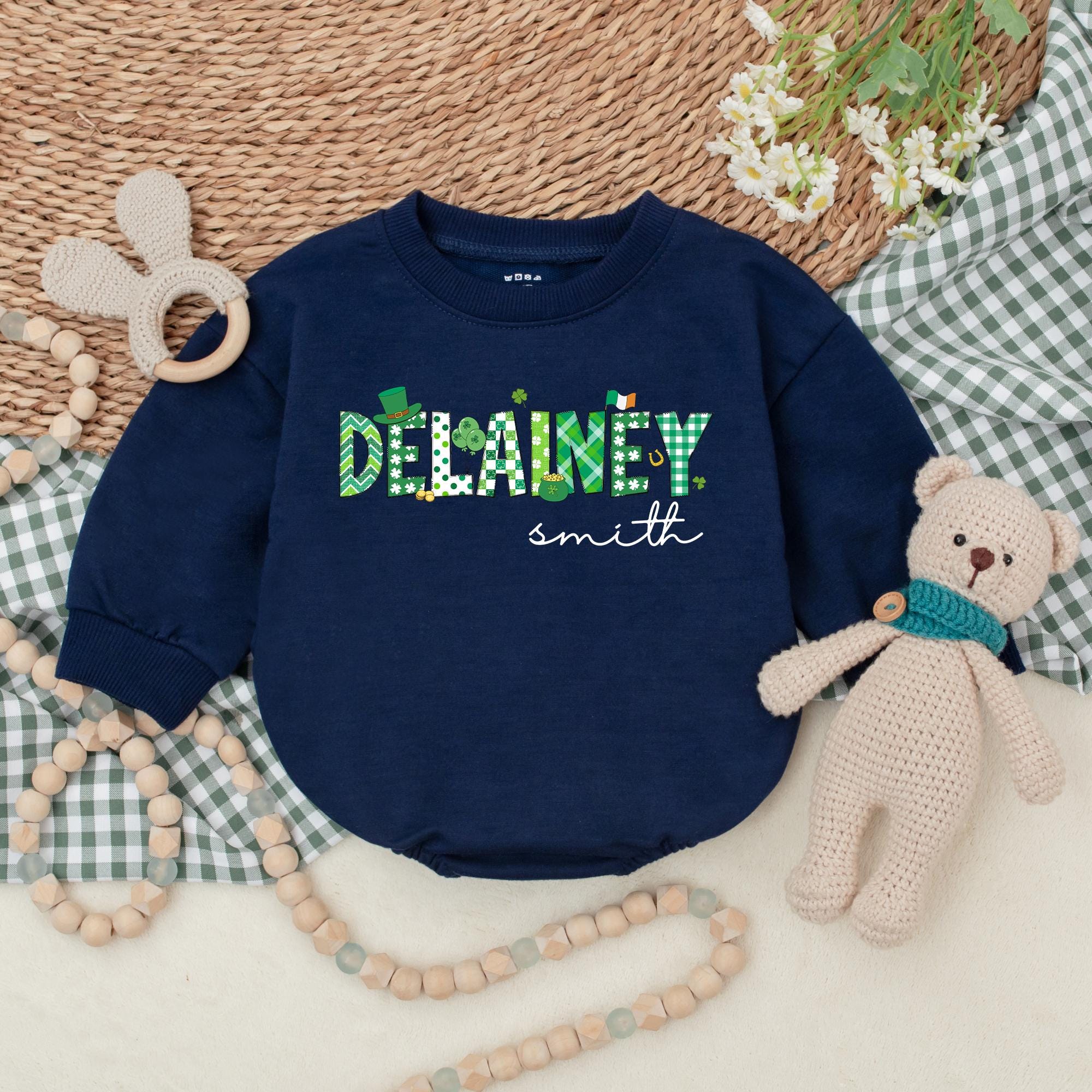 Personalized St Patrick's Day Baby Romper with Delainey Design Soft Cotton Clover Outfit Custom Infant Gift Holiday Green White Theme