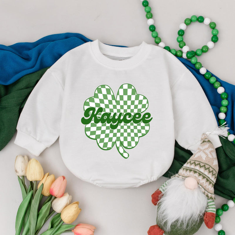 Personalized St. Patrick's Day Baby Romper with Green Checkered Shamrock and Kaycee Cursive Font First Holiday Clover Outfit Gift