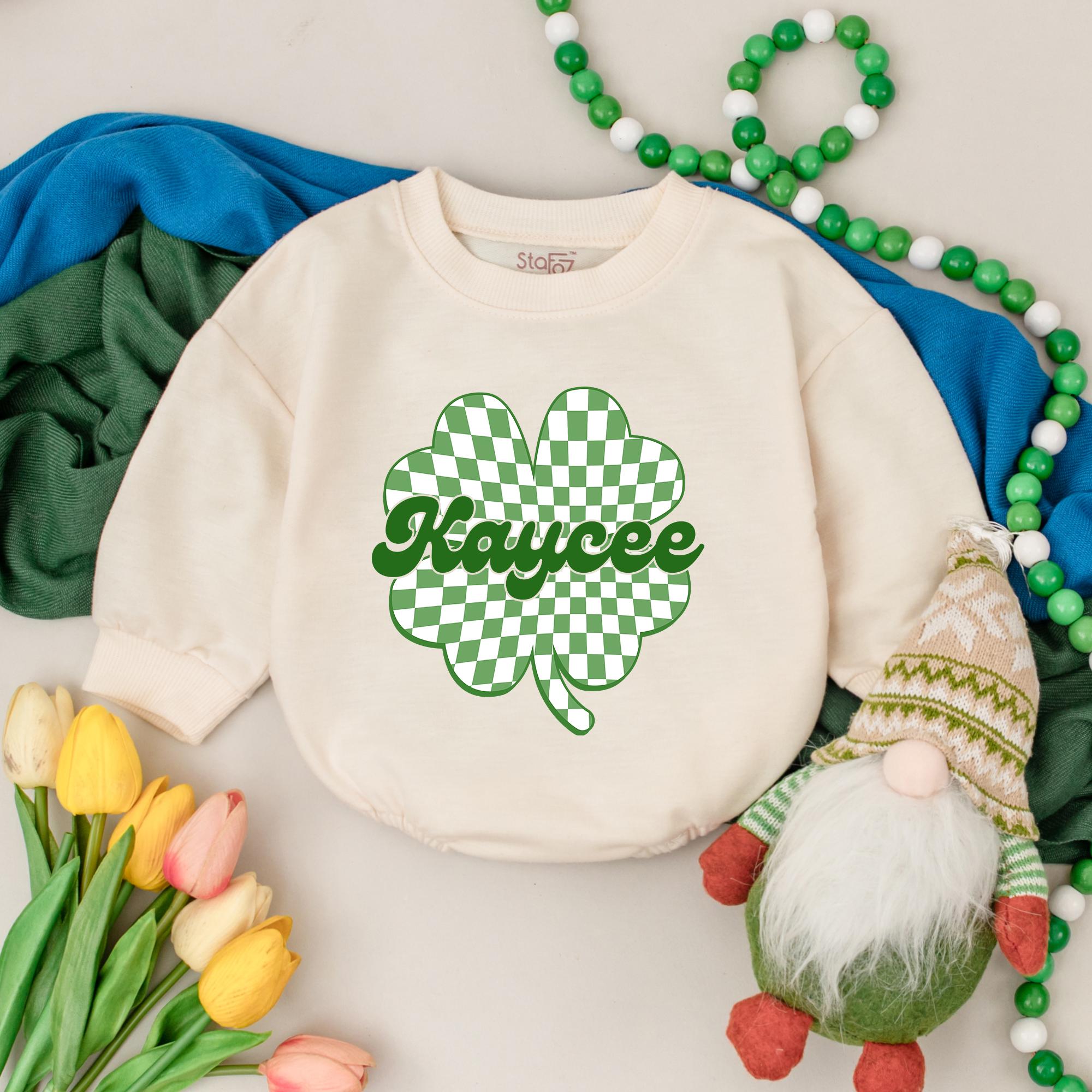 Personalized St. Patrick's Day Baby Romper with Green Checkered Shamrock and Kaycee Cursive Font First Holiday Clover Outfit Gift