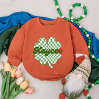 Personalized St. Patrick's Day Baby Romper with Green Checkered Shamrock and Kaycee Cursive Font First Holiday Clover Outfit Gift