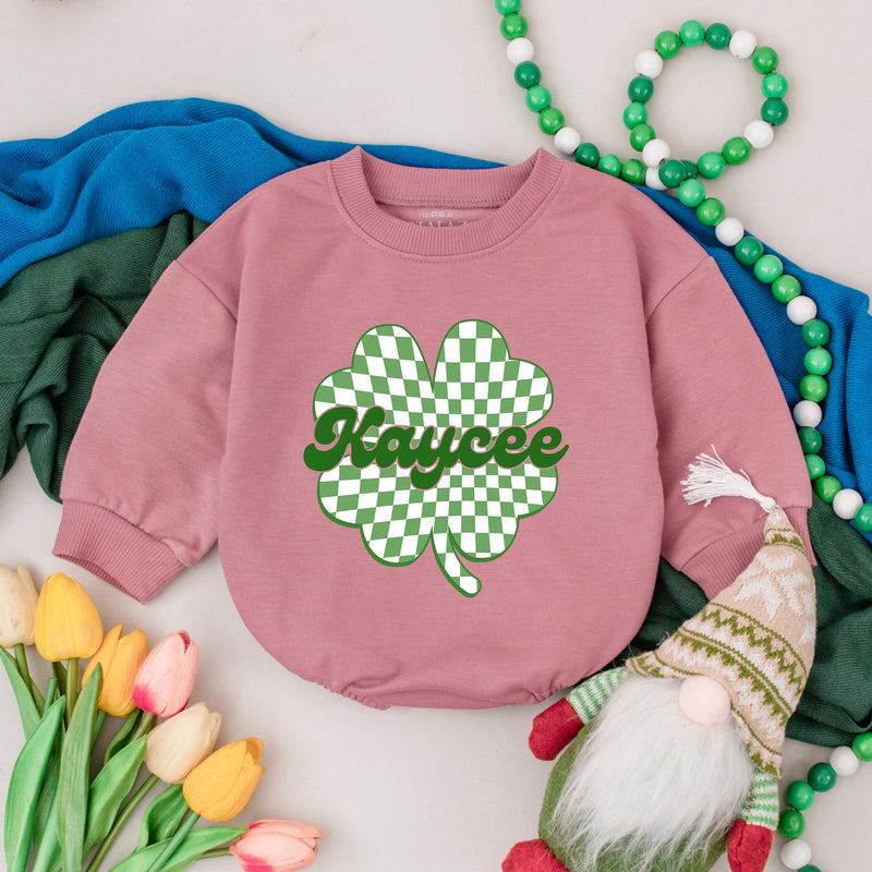 Personalized St. Patrick's Day Baby Romper with Green Checkered Shamrock and Kaycee Cursive Font First Holiday Clover Outfit Gift