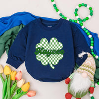 Personalized St. Patrick's Day Baby Romper with Green Checkered Shamrock and Kaycee Cursive Font First Holiday Clover Outfit Gift