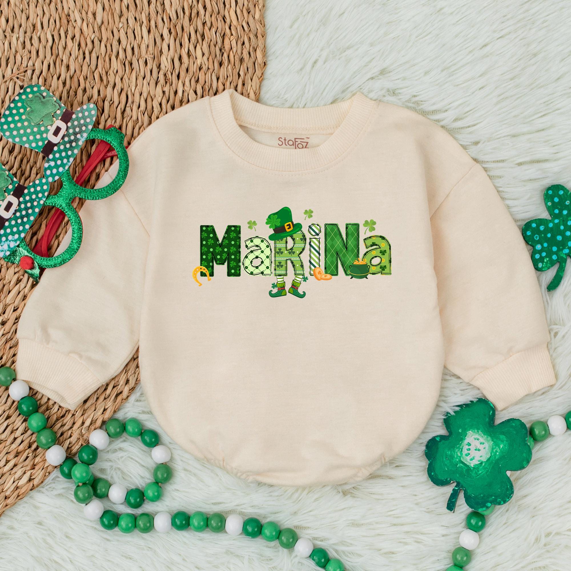 Personalized St. Patrick's Day Baby Romper with Shamrock Pattern Whimsical Leprechaun Design Irish Baby Outfit Soft Comfortable Cotton