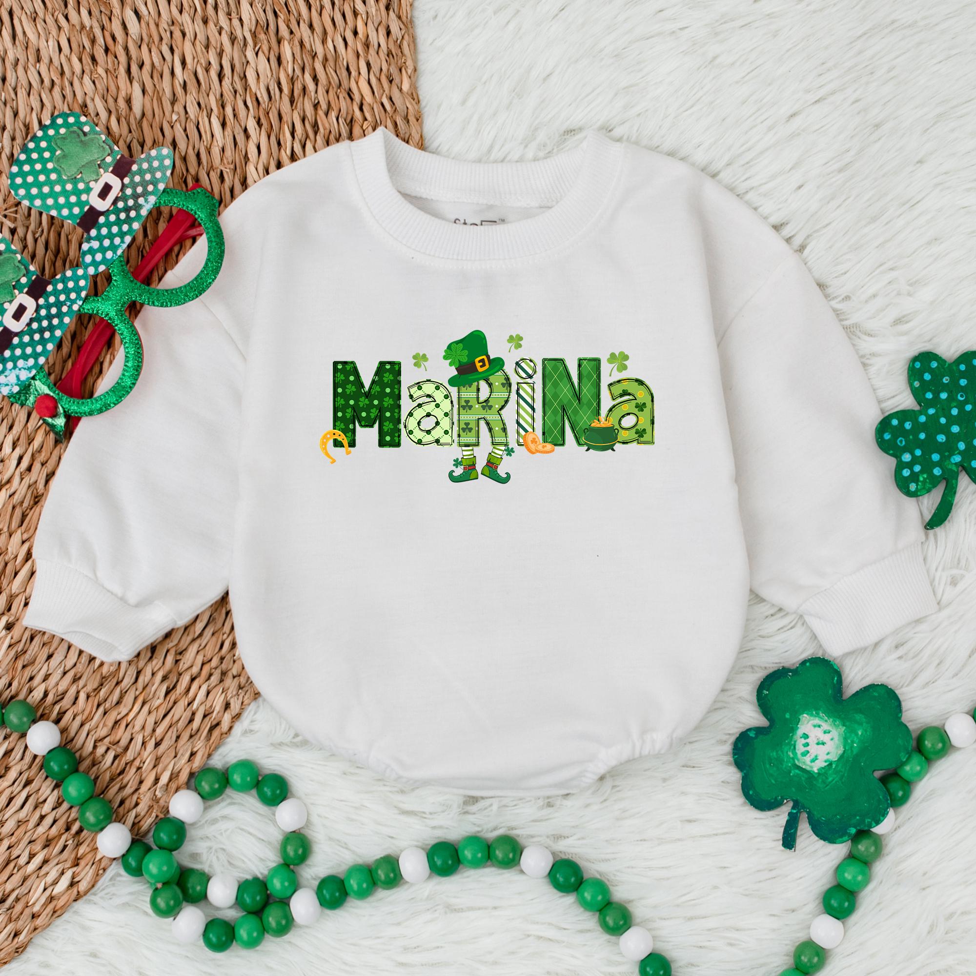 Personalized St. Patrick's Day Baby Romper with Shamrock Pattern Whimsical Leprechaun Design Irish Baby Outfit Soft Comfortable Cotton