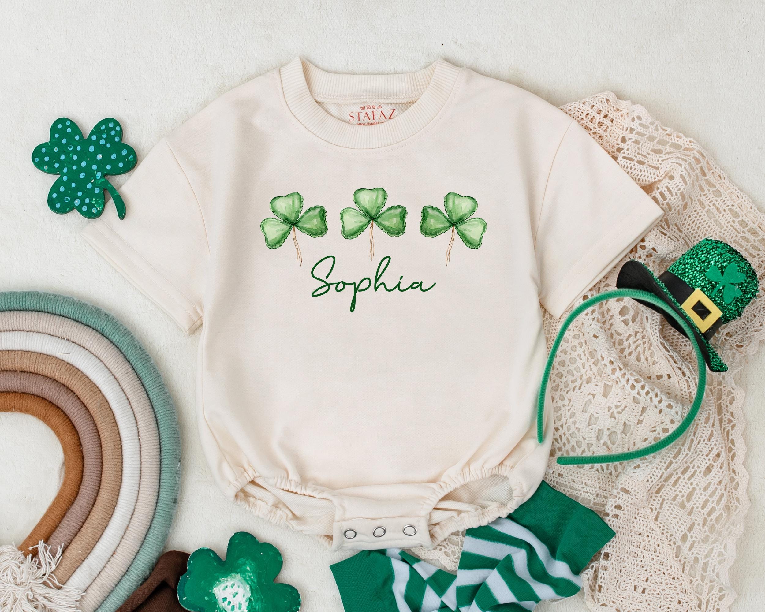 Personalized St Patrick's Day Baby Romper with Shamrocks Infant Outfit Custom Sophia Name Gift Soft Comfortable Green Irish Holiday Wear