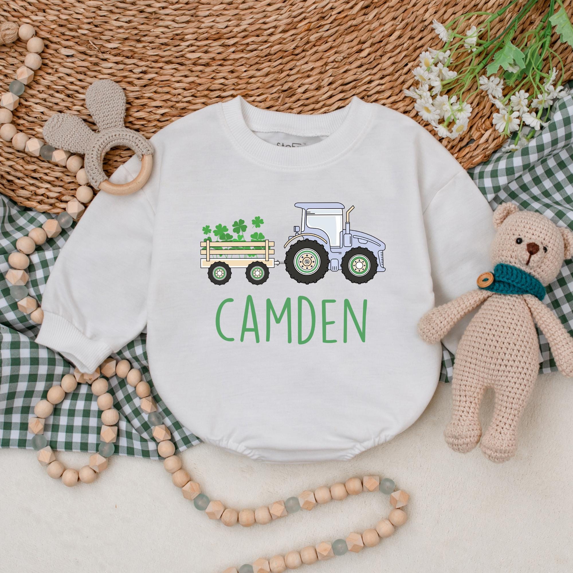 Personalized St. Patrick's Day Baby Romper with Tractor and Shamrocks Design for Boys First Holiday Celebration Gift