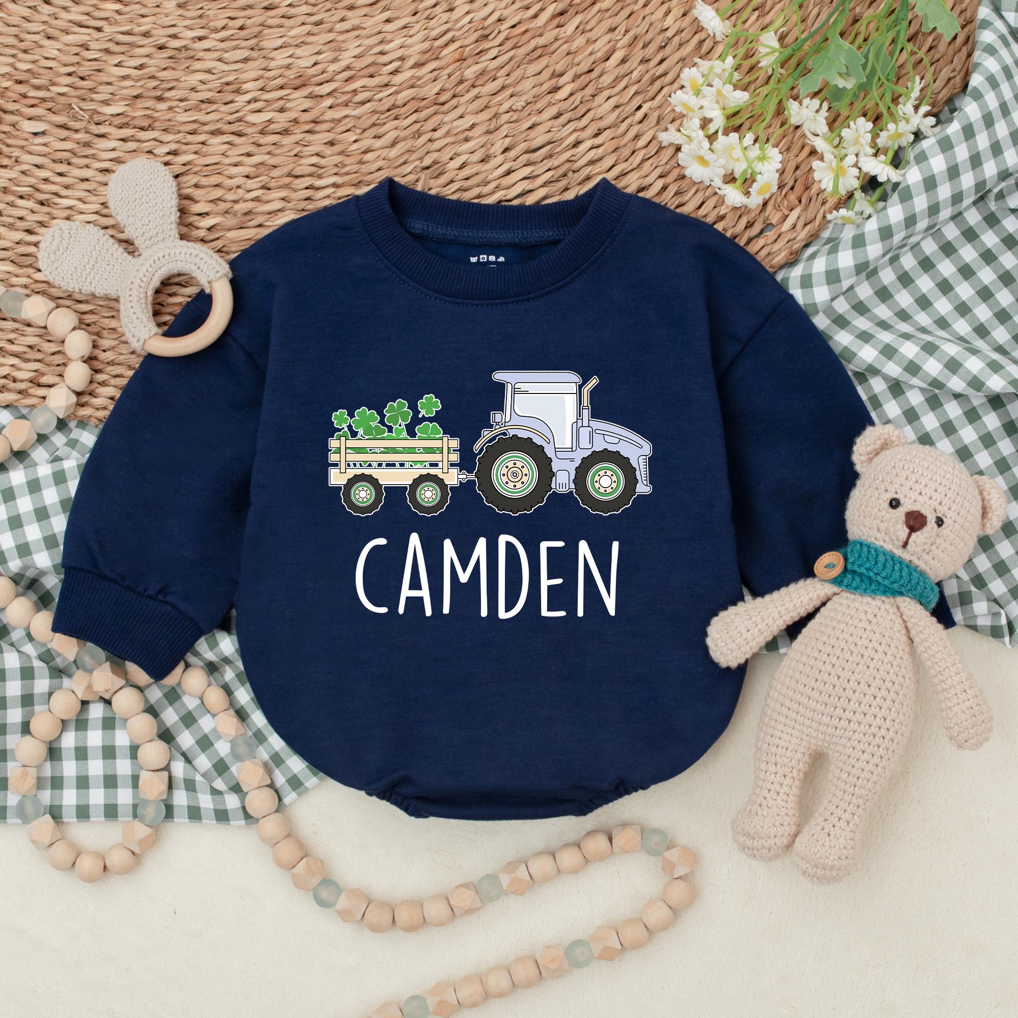 Personalized St. Patrick's Day Baby Romper with Tractor and Shamrocks Design for Boys First Holiday Celebration Gift