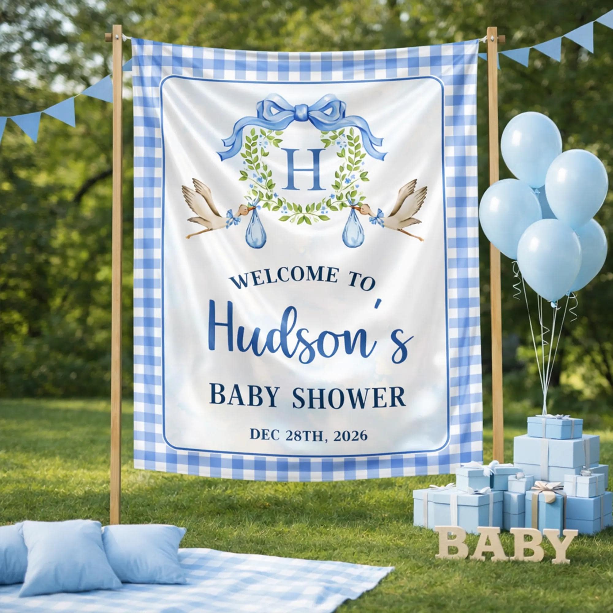 Personalized Stork Baby Boy Shower Welcome Sign with Southern Preppy Crest Design, Custom Blue Gingham and Floral Baby Shower Decor