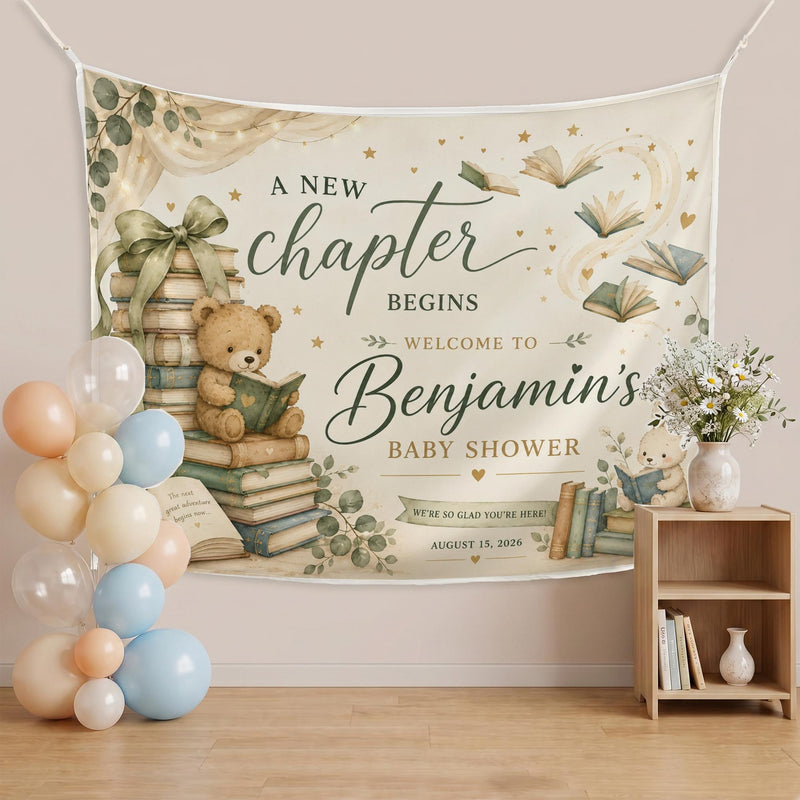 Personalized Storybook Baby Shower Banner with Teddy Bear and Books Design in Earth Tones Custom Backdrop with Name and Date