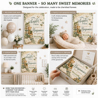 Personalized Storybook Baby Shower Banner with Teddy Bear and Books Design in Earth Tones Custom Backdrop with Name and Date