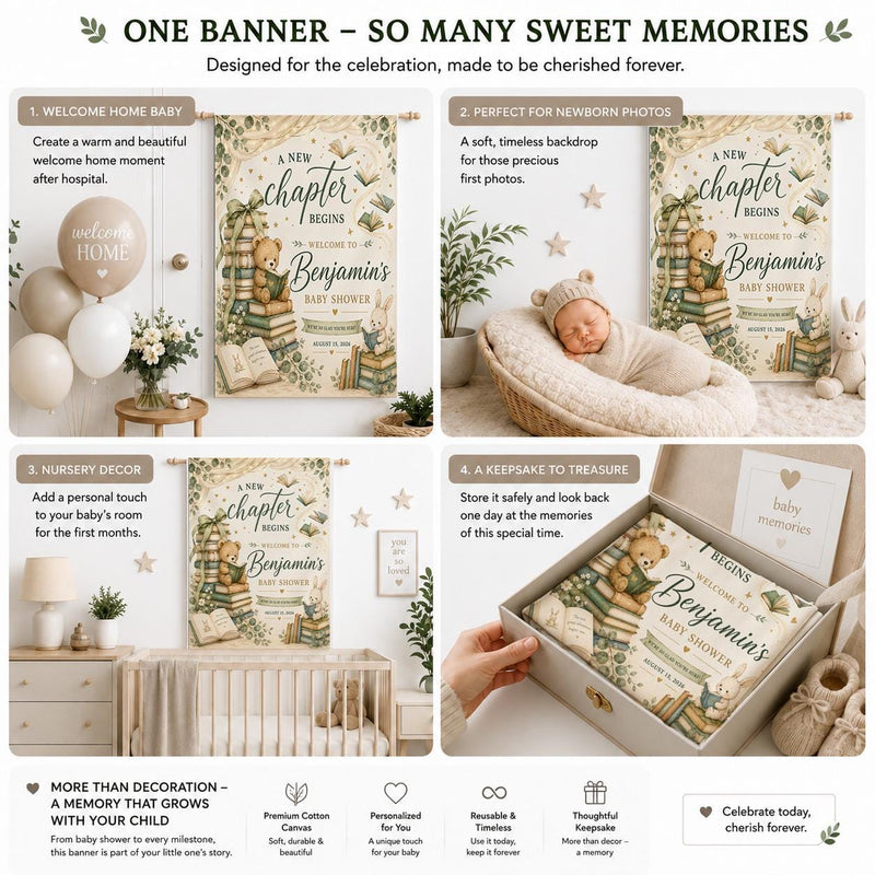 Personalized Storybook Baby Shower Banner with Teddy Bear and Books Design in Earth Tones Custom Backdrop with Name and Date