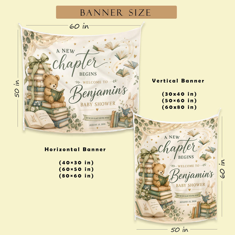 Personalized Storybook Baby Shower Banner with Teddy Bear and Books Design in Earth Tones Custom Backdrop with Name and Date