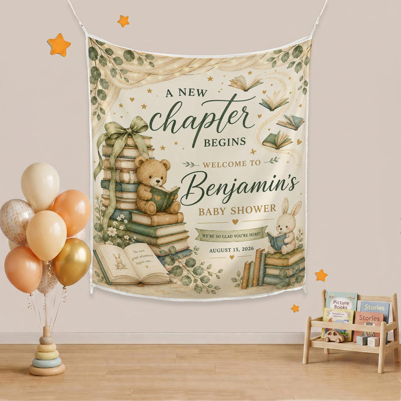 Personalized Storybook Baby Shower Banner with Teddy Bear and Books Design in Earth Tones Custom Backdrop with Name and Date