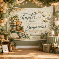 Personalized Storybook Baby Shower Banner with Teddy Bear and Books Design in Earth Tones Custom Backdrop with Name and Date
