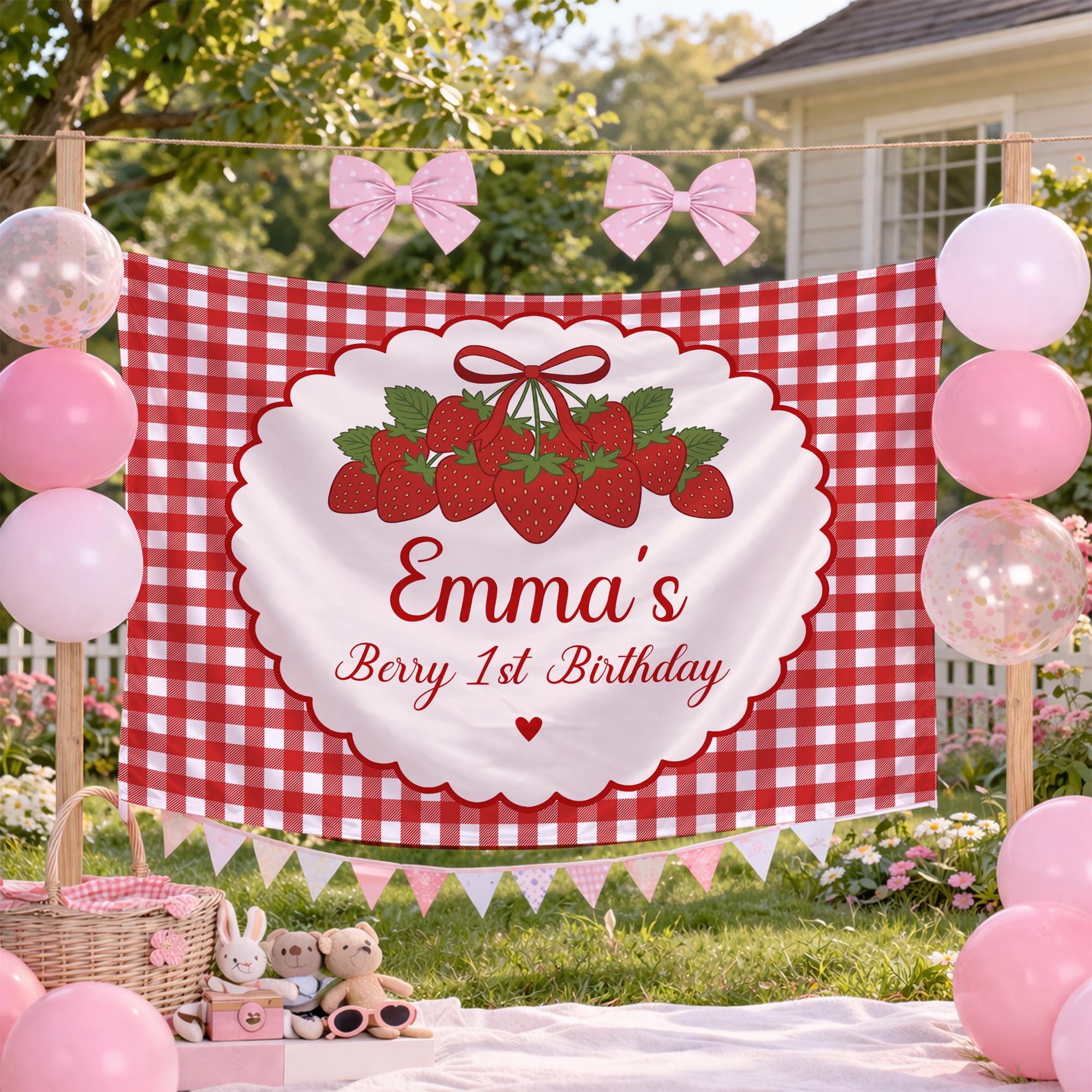 Personalized Strawberry 1st Birthday Backdrop for Baby Girl, Red Gingham Party Banner with Cute Vintage Berry Sweet Picnic Theme Design