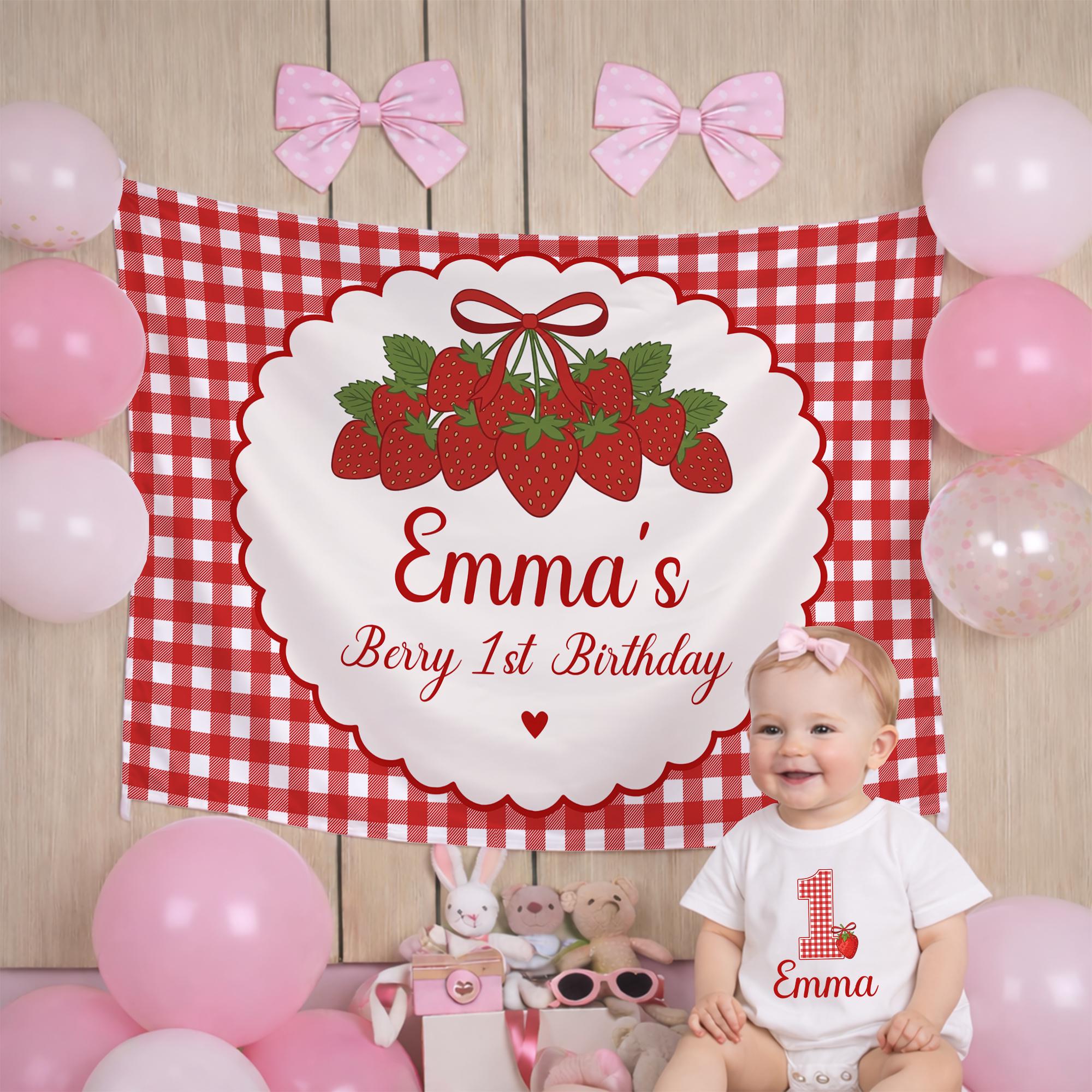 Personalized Strawberry 1st Birthday Backdrop for Baby Girl, Red Gingham Party Banner with Cute Vintage Berry Sweet Picnic Theme Design