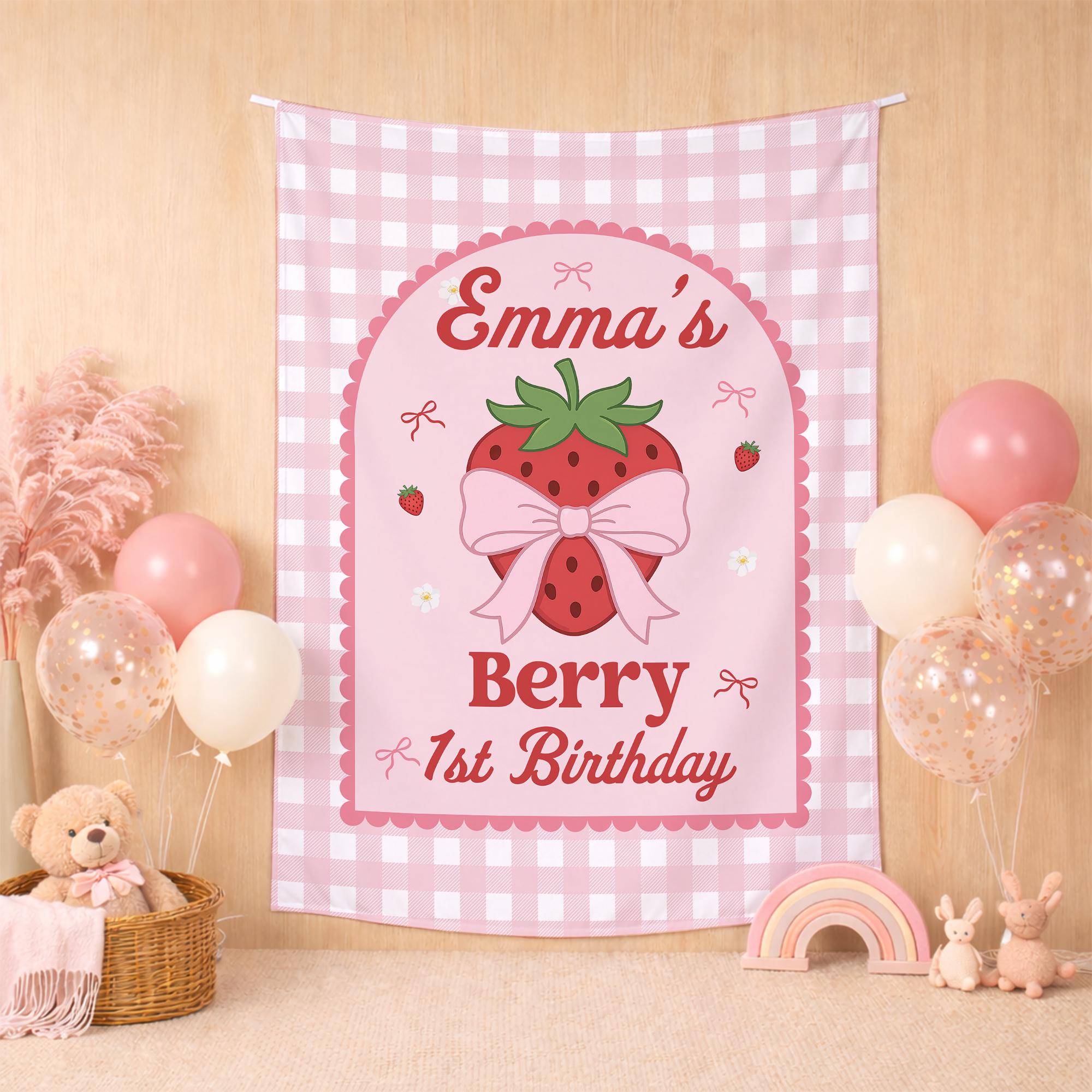 Personalized Strawberry 1st Birthday Backdrop Pink Arch Banner with Bow Sweet Baby Girl Party Decoration Custom Name and Age