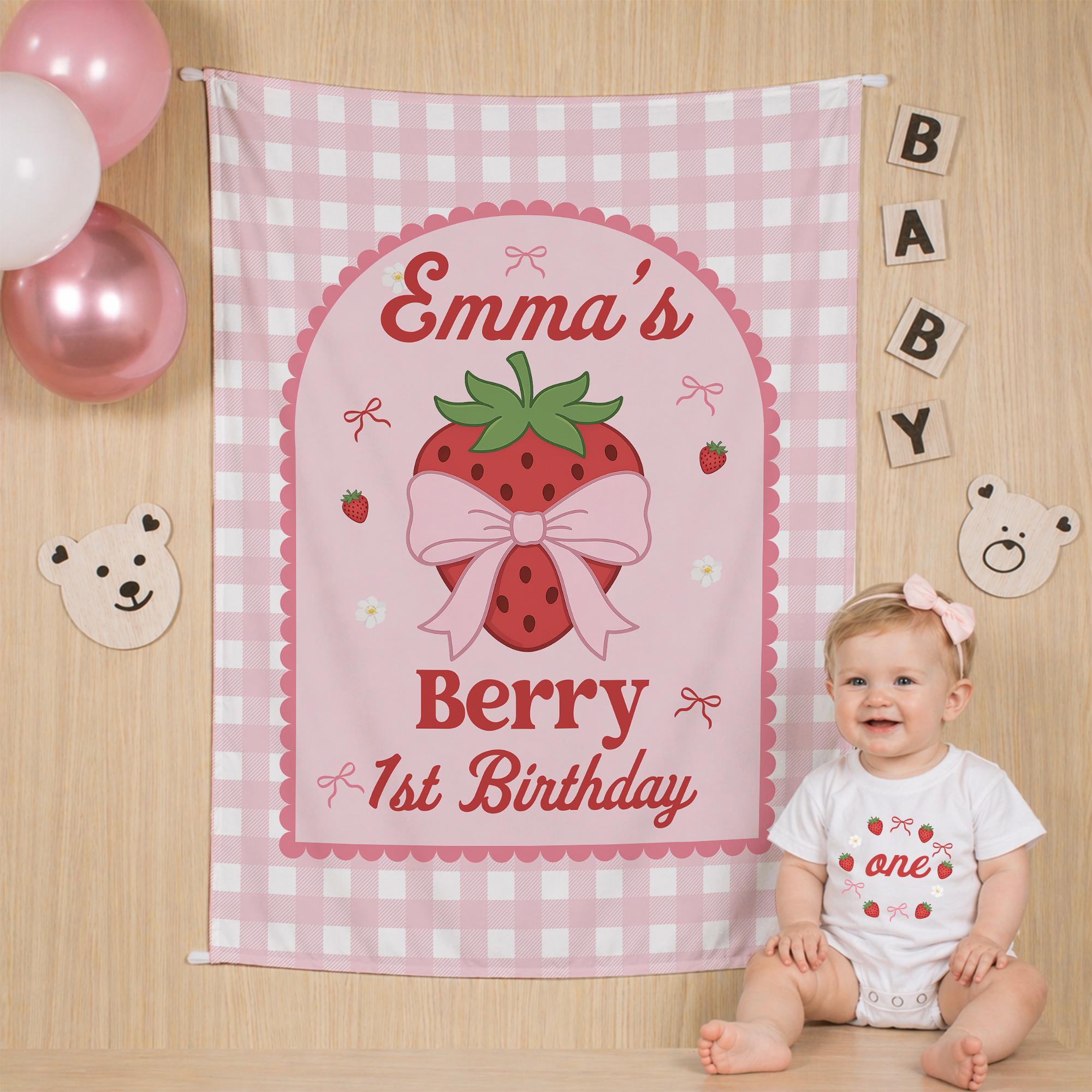 Personalized Strawberry 1st Birthday Backdrop Pink Arch Banner with Bow Sweet Baby Girl Party Decoration Custom Name and Age