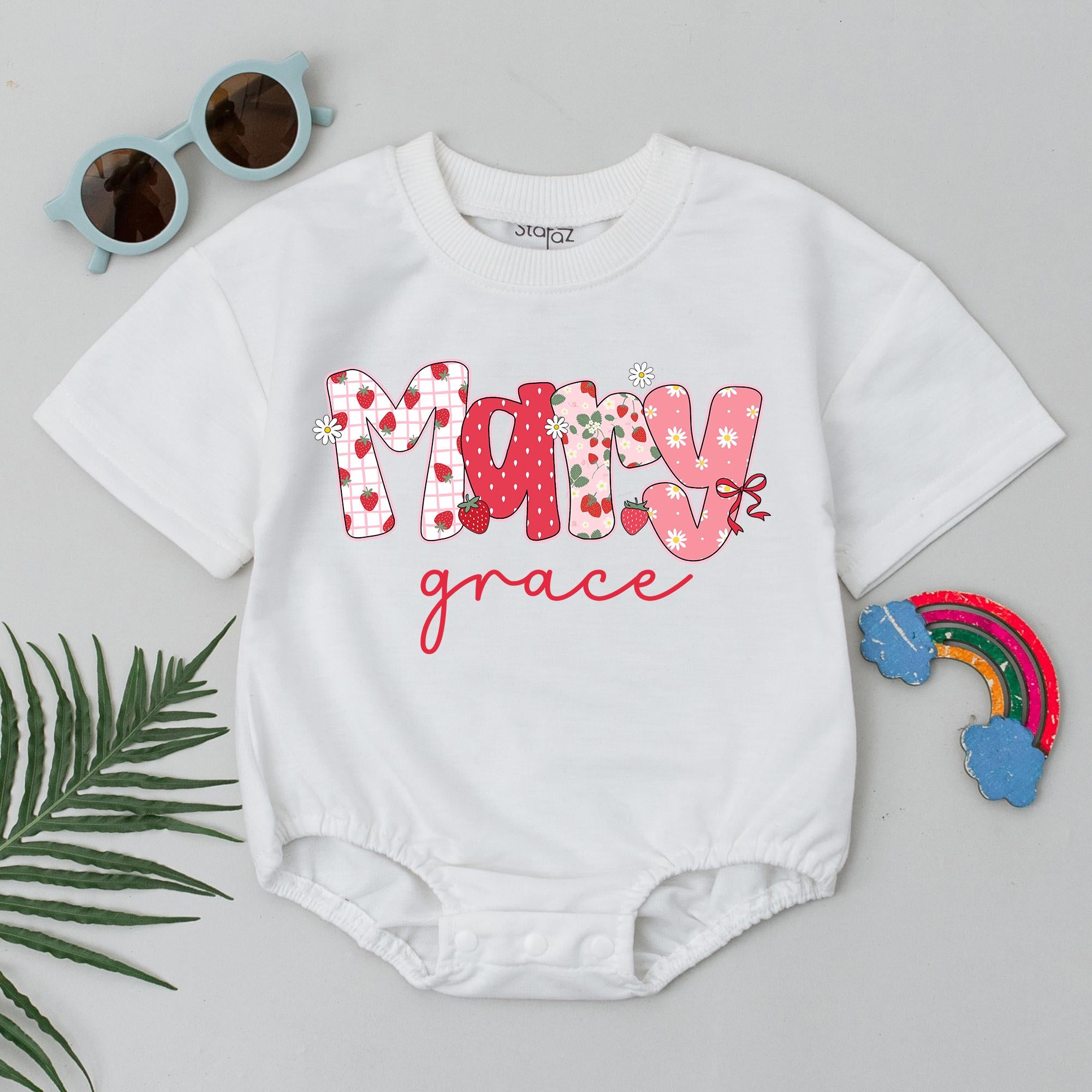 Personalized Strawberry Baby Romper with Daisy Details Summer Outfit for Girls Custom Name Bodysuit Sweet Birthday or Baby Shower Gift