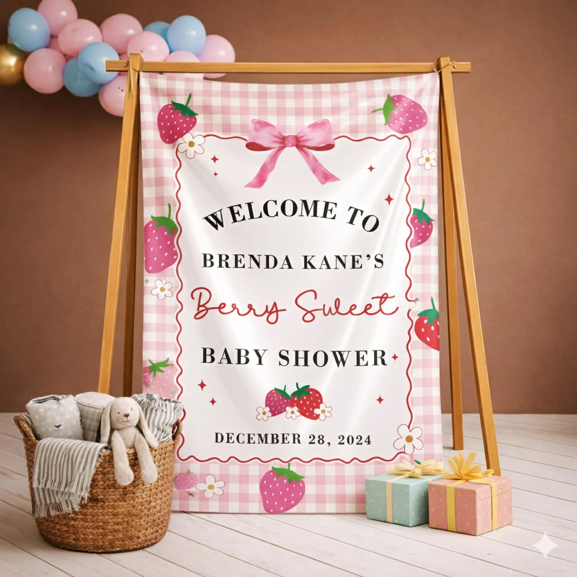 Personalized Strawberry Baby Shower Silk Banner with Pink Gingham, Custom Welcome Sign for Girl's Party Decor, Feminine Watercolor Design