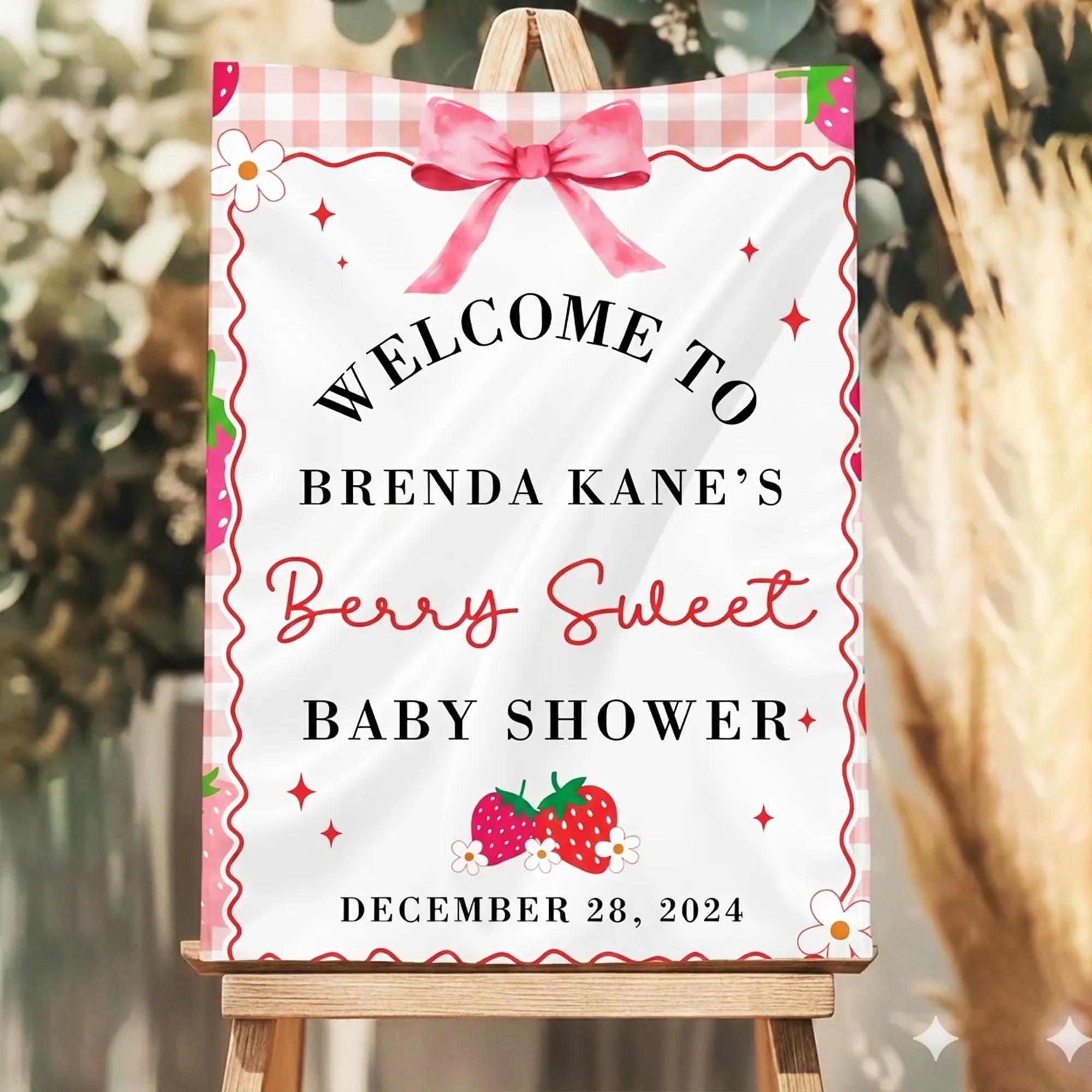 Personalized Strawberry Baby Shower Silk Banner with Pink Gingham, Custom Welcome Sign for Girl's Party Decor, Feminine Watercolor Design