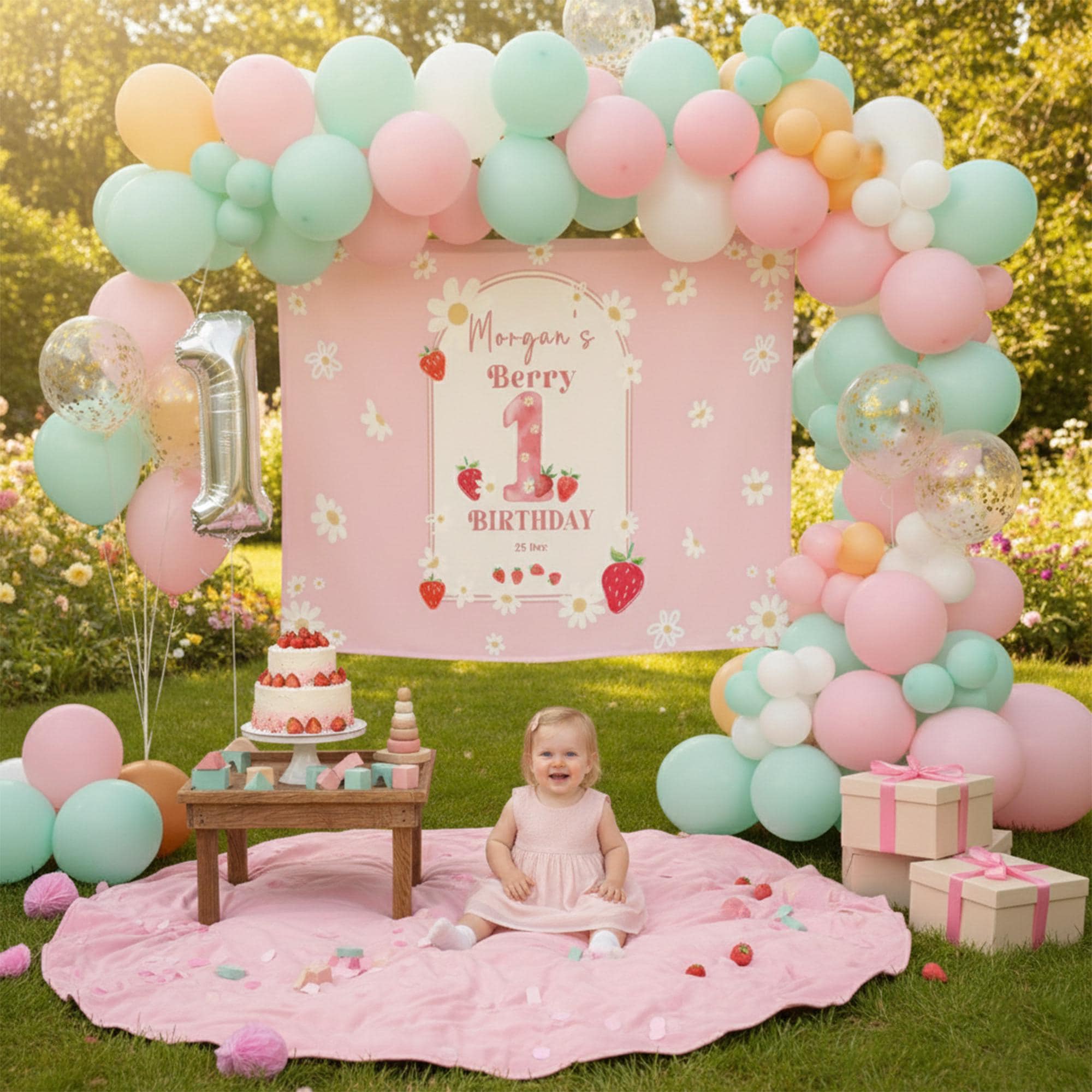 Personalized Strawberry Birthday Backdrop for Baby Girl with Scalloped Border Berry First Birthday Custom Party Sign Banner Decoration