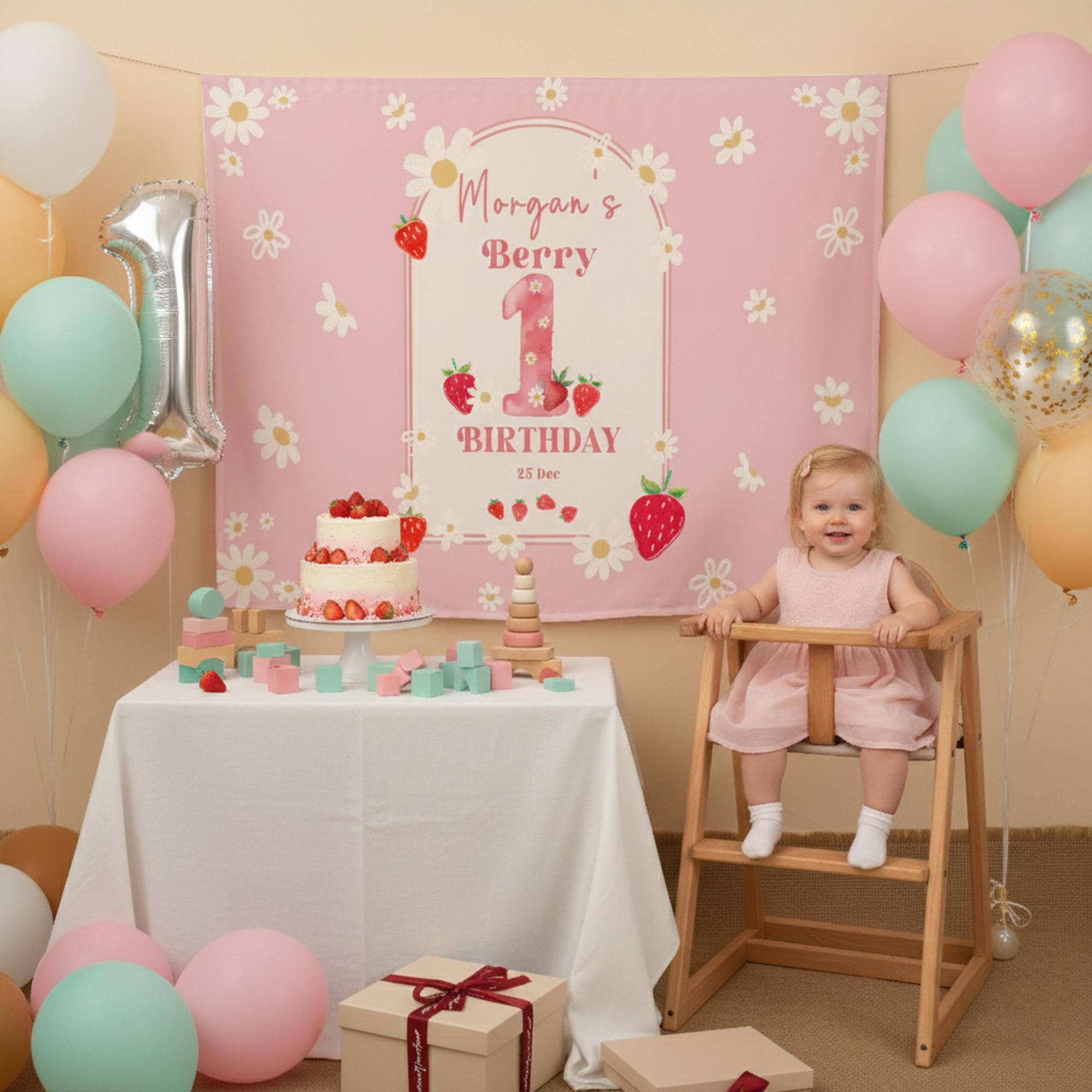 Personalized Strawberry Birthday Backdrop for Baby Girl with Scalloped Border Berry First Birthday Custom Party Sign Banner Decoration