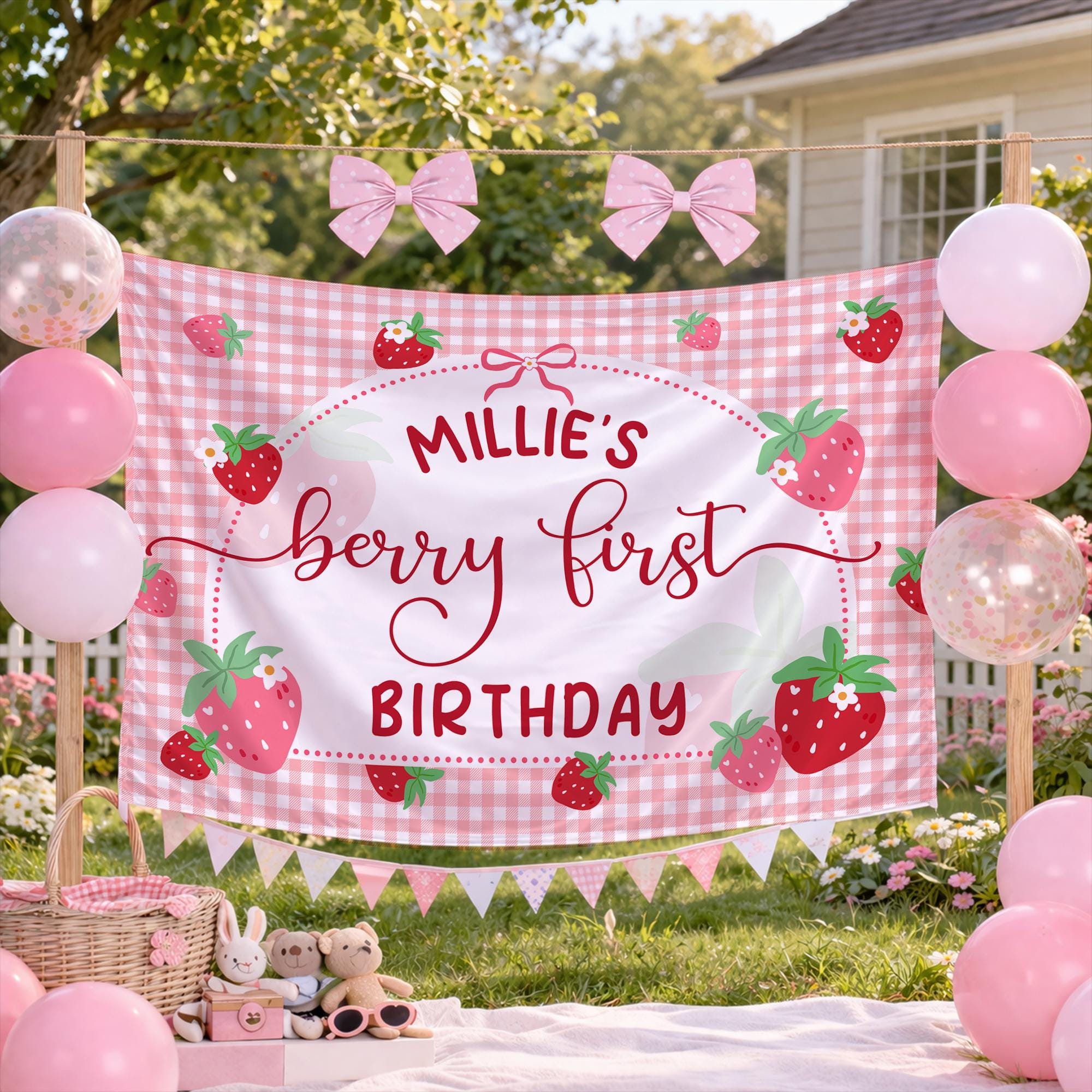 Personalized Strawberry Birthday Banner Pink Gingham Party Decor for Baby or Toddler Girl's First Birthday Celebration Custom Name