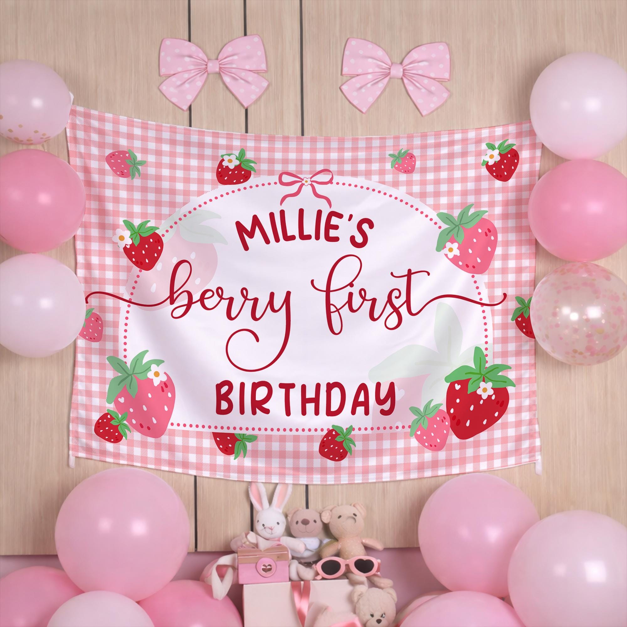 Personalized Strawberry Birthday Banner Pink Gingham Party Decor for Baby or Toddler Girl's First Birthday Celebration Custom Name