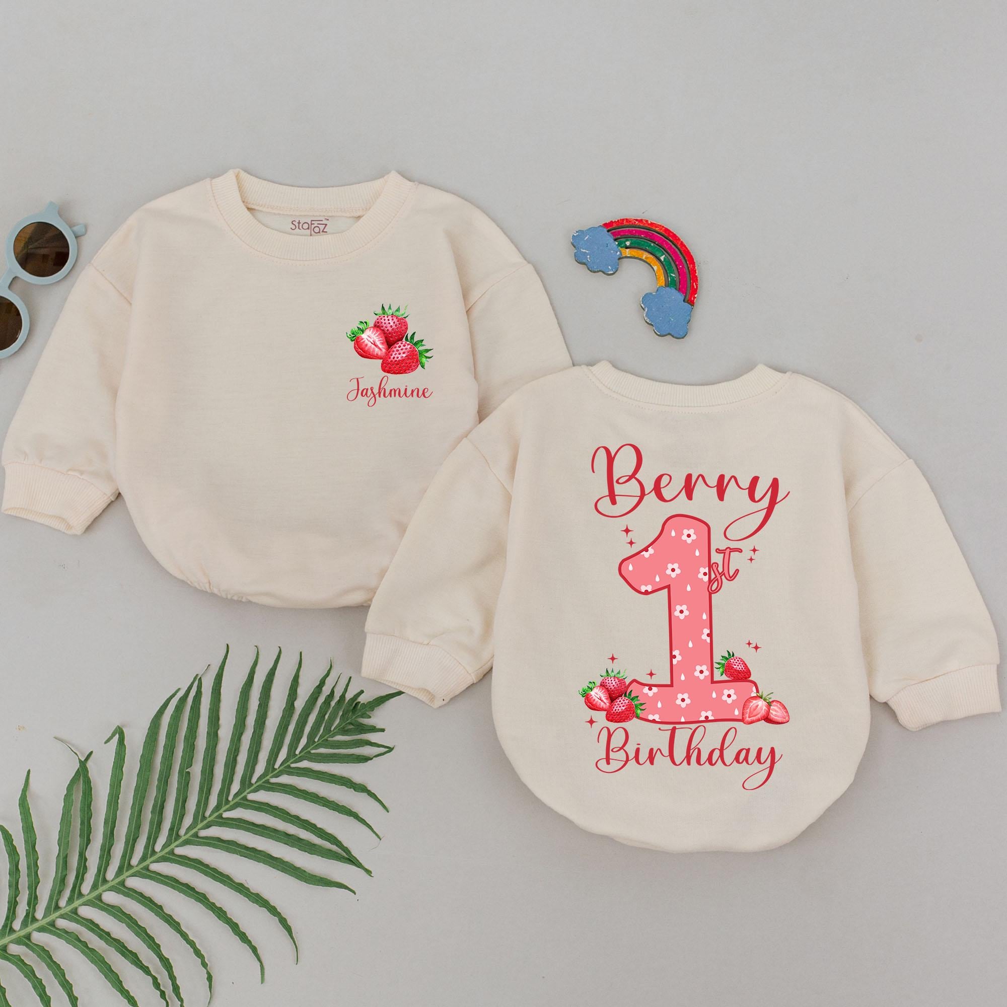 Personalized Strawberry Birthday Romper for Baby Girl Cheerful 1st Celebration Outfit Sweet Berry Floral Design Comfortable Cotton Soft Gift
