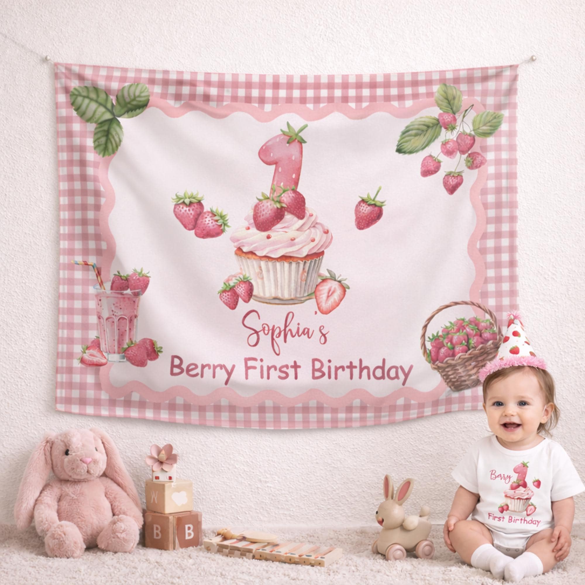 Personalized Strawberry First Birthday Banner for Baby Girl Pink Gingham Party Backdrop Custom 1st Birthday Decor Photo Prop Sign