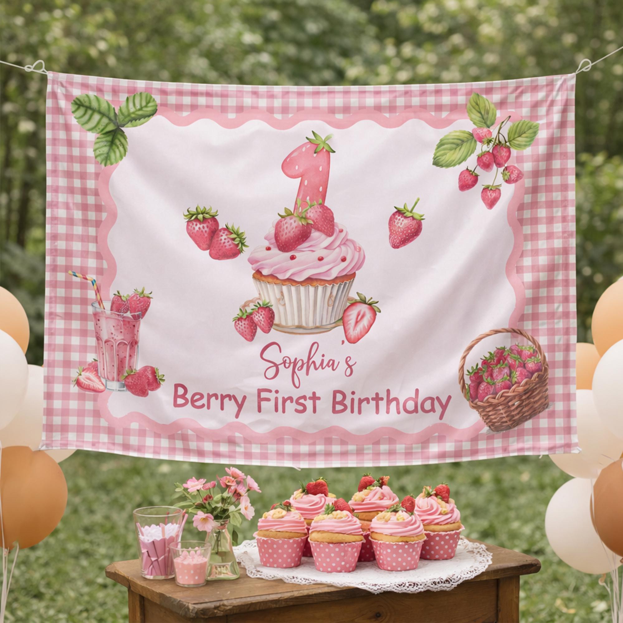 Personalized Strawberry First Birthday Banner for Baby Girl Pink Gingham Party Backdrop Custom 1st Birthday Decor Photo Prop Sign