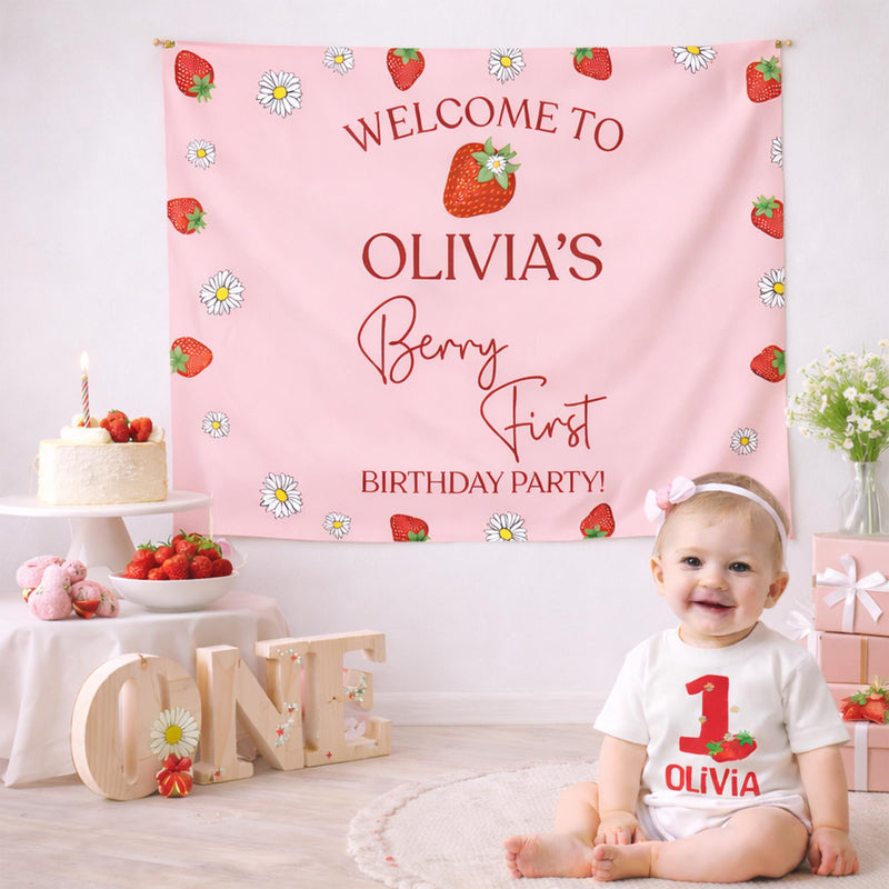Personalized Strawberry First Birthday Outfit for Baby Girl with Custom Name Red Bubble Romper and Silk Banner Celebration Set