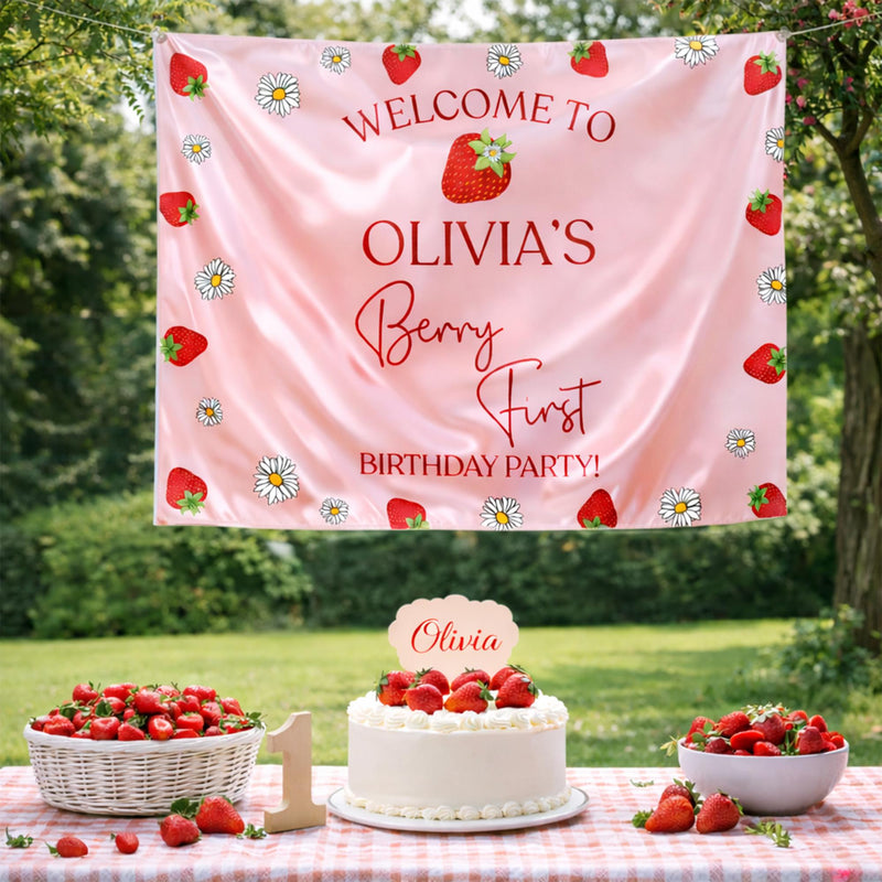 Personalized Strawberry First Birthday Outfit for Baby Girl with Custom Name Red Bubble Romper and Silk Banner Celebration Set
