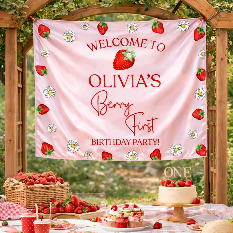 Personalized Strawberry First Birthday Outfit for Baby Girl with Custom Name Red Bubble Romper and Silk Banner Celebration Set