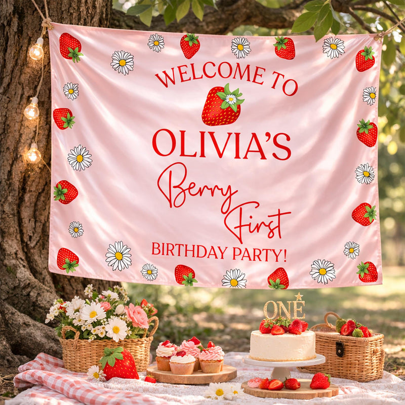 Personalized Strawberry First Birthday Outfit for Baby Girl with Custom Name Red Bubble Romper and Silk Banner Celebration Set