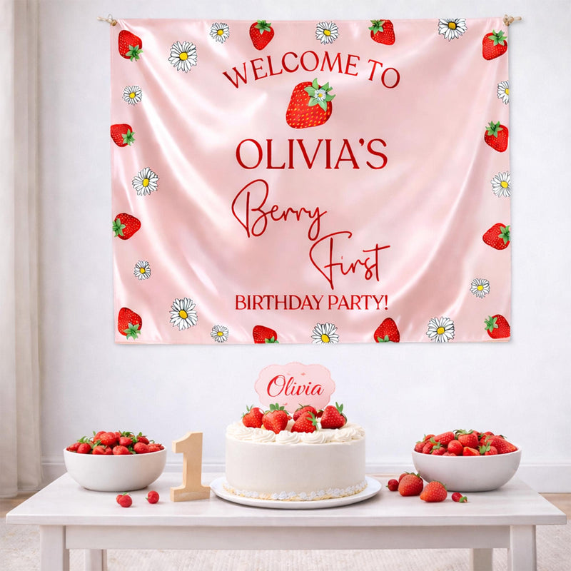 Personalized Strawberry First Birthday Outfit for Baby Girl with Custom Name Red Bubble Romper and Silk Banner Celebration Set