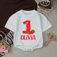 Personalized Strawberry First Birthday Outfit for Baby Girl with Custom Name Red Bubble Romper and Silk Banner Celebration Set