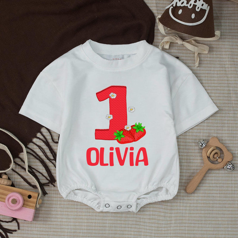 Personalized Strawberry First Birthday Outfit for Baby Girl with Custom Name Red Bubble Romper and Silk Banner Celebration Set