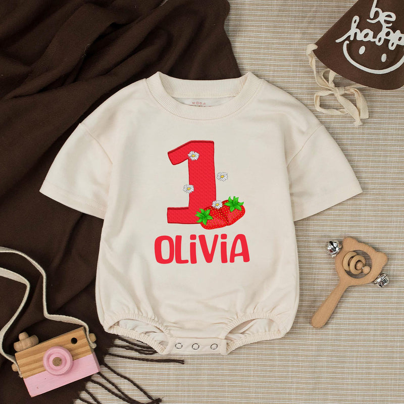 Personalized Strawberry First Birthday Outfit for Baby Girl with Custom Name Red Bubble Romper and Silk Banner Celebration Set
