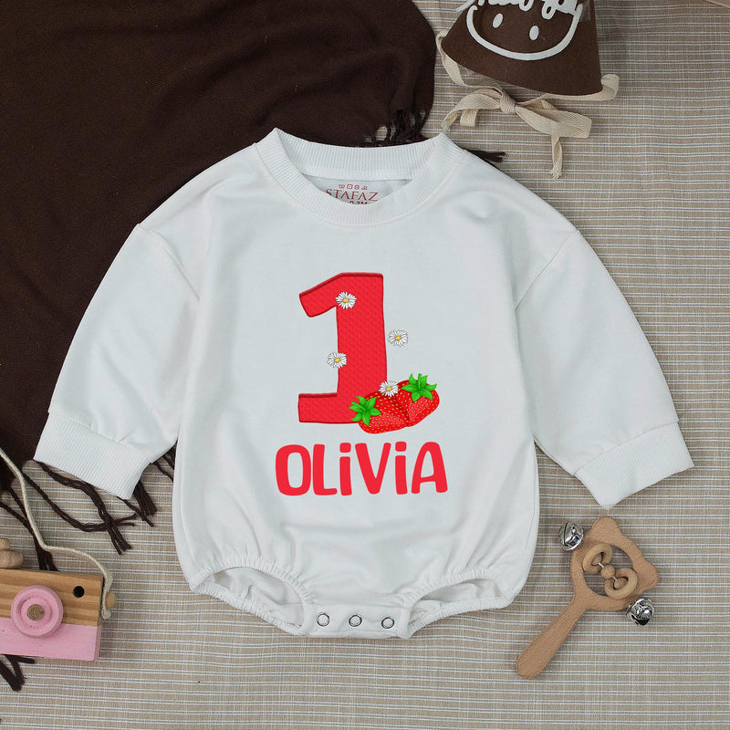 Personalized Strawberry First Birthday Outfit for Baby Girl with Custom Name Red Bubble Romper and Silk Banner Celebration Set