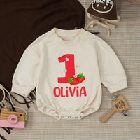 Personalized Strawberry First Birthday Outfit for Baby Girl with Custom Name Red Bubble Romper and Silk Banner Celebration Set