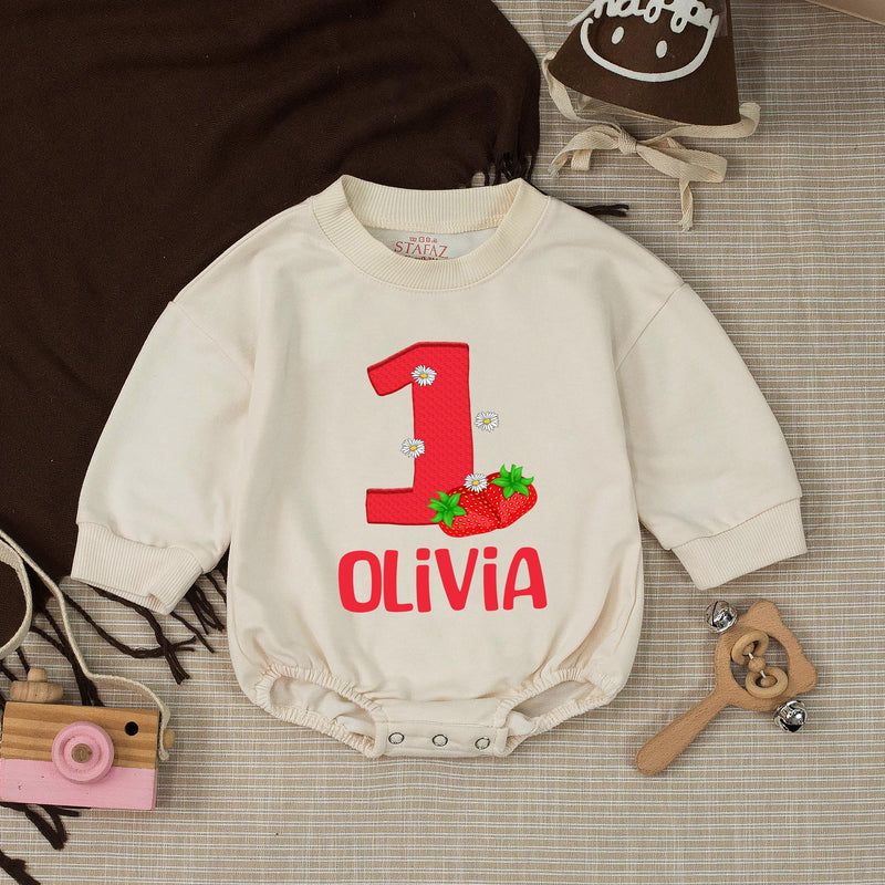 Personalized Strawberry First Birthday Outfit for Baby Girl with Custom Name Red Bubble Romper and Silk Banner Celebration Set