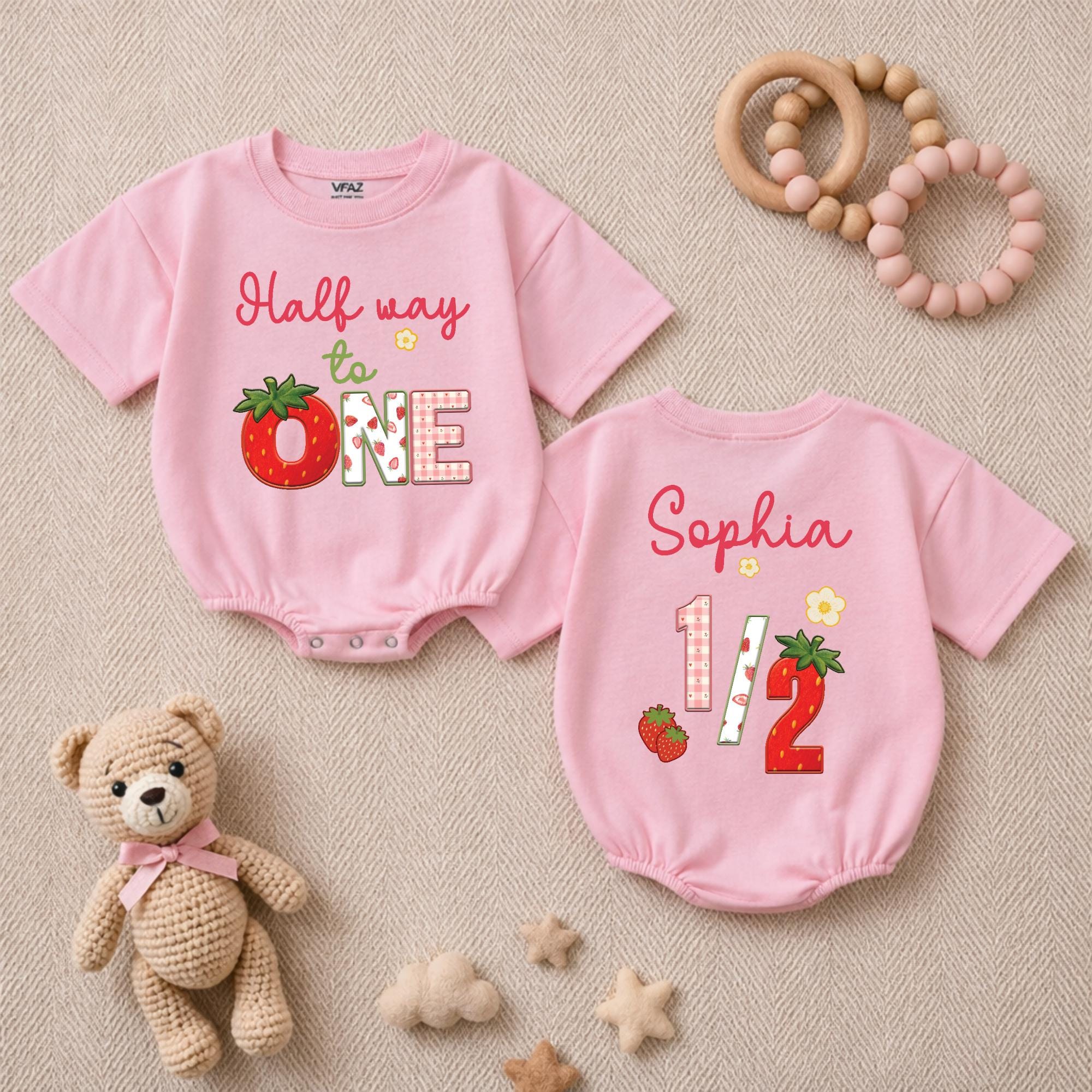 Personalized Strawberry Half Birthday Romper for Baby Girls with Sweet Berry Theme Custom Name 6 Month Outfit for Milestone Cake Smash
