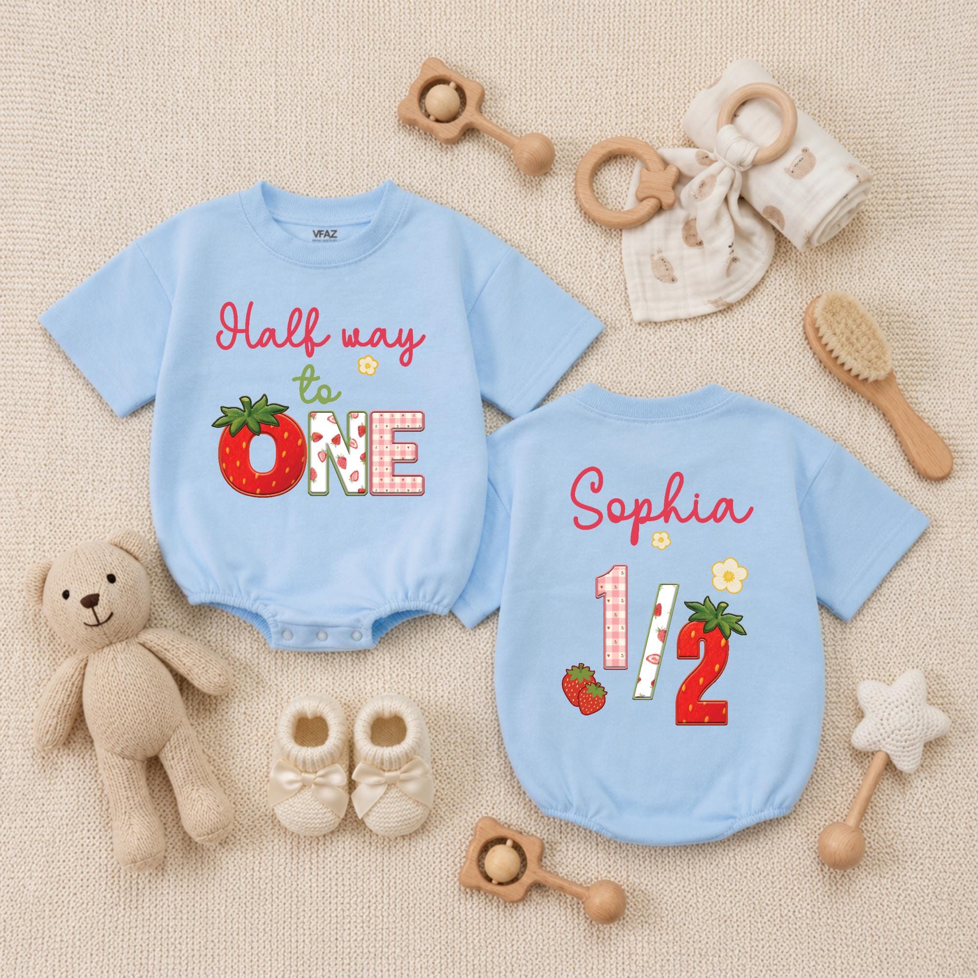 Personalized Strawberry Half Birthday Romper for Baby Girls with Sweet Berry Theme Custom Name 6 Month Outfit for Milestone Cake Smash