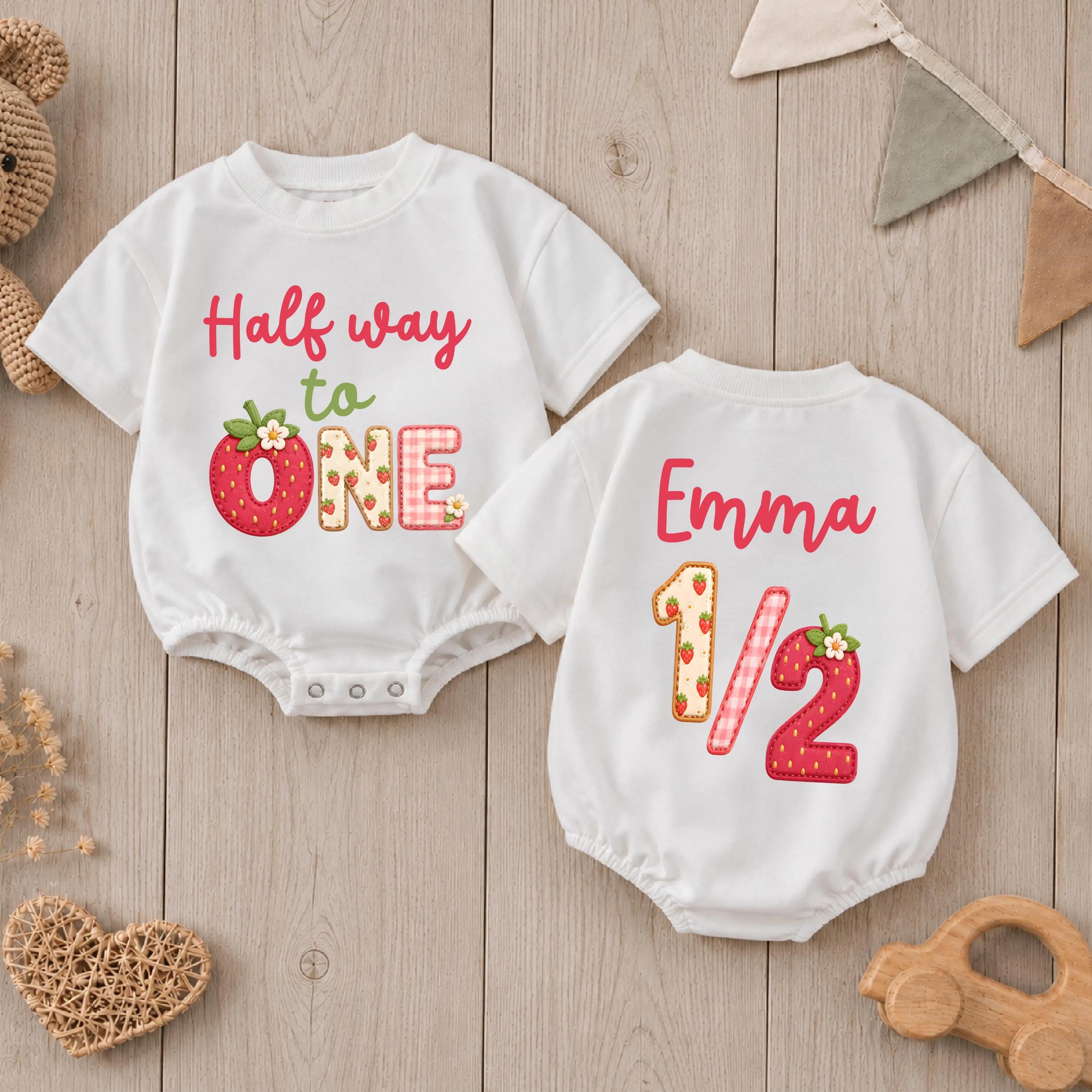 Personalized Strawberry Half Birthday Romper Girl Outfit with Custom Name 1/2 Milestone Celebration Baby Clothes Pink Red Cream Design