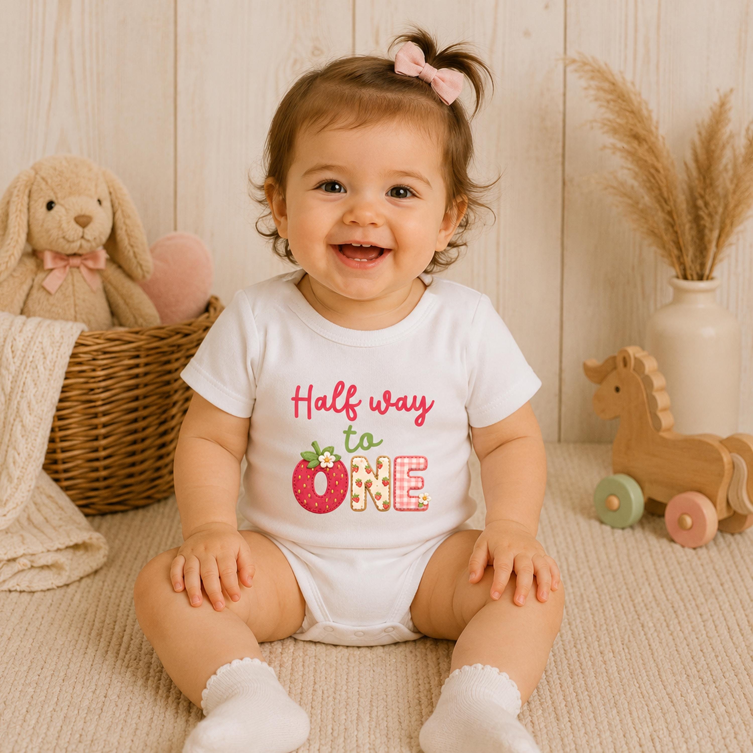 Personalized Strawberry Half Birthday Romper Girl Outfit with Custom Name 1/2 Milestone Celebration Baby Clothes Pink Red Cream Design