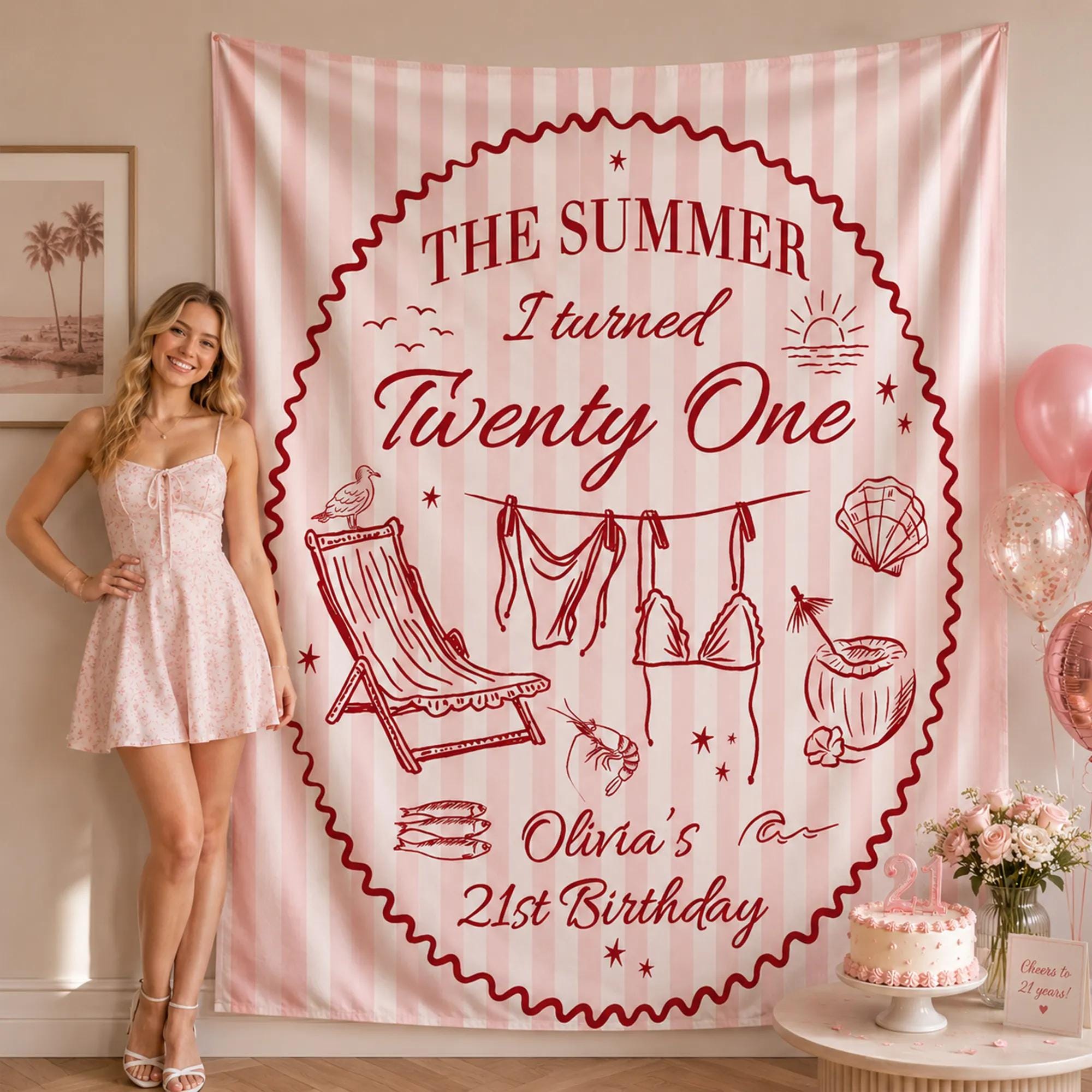 Personalized Summer 21st Birthday Banner with Beach Illustrations Coastal Party Decor for Girls, Pink and White Stripes, Fun Vintage Vibe
