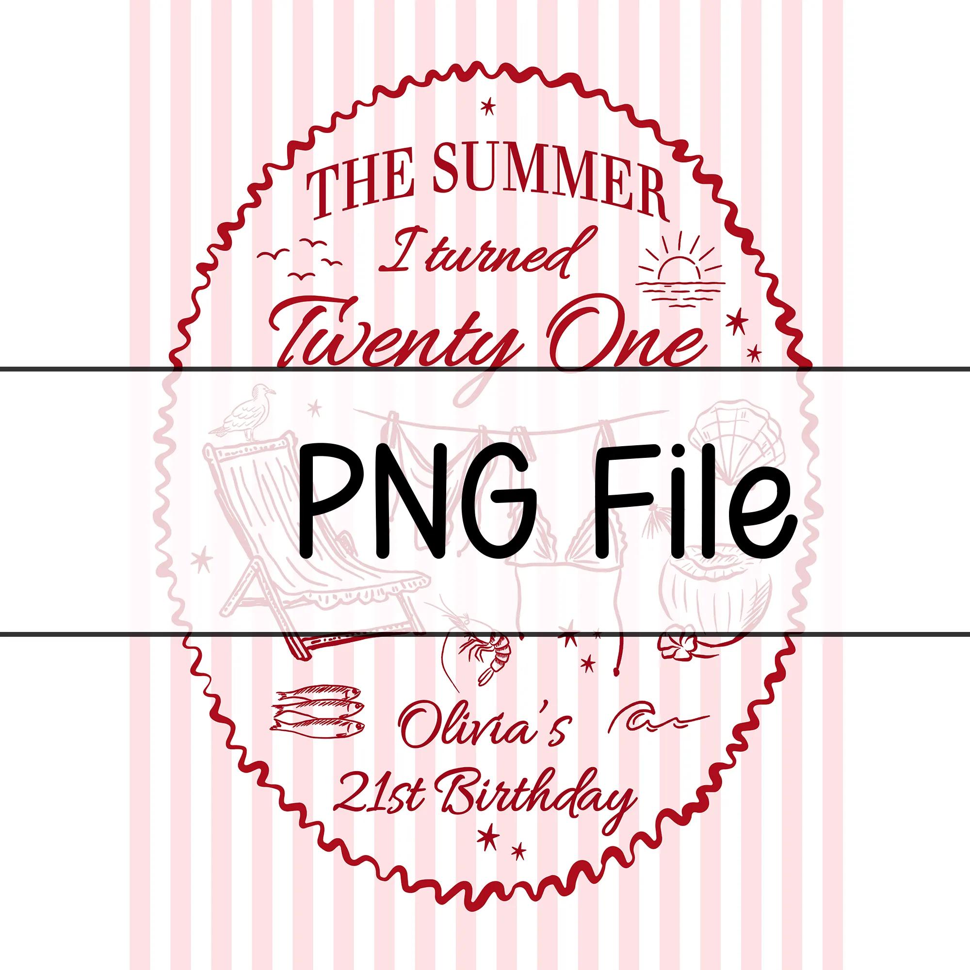 Personalized Summer 21st Birthday Banner with Beach Illustrations Coastal Party Decor for Girls, Pink and White Stripes, Fun Vintage Vibe