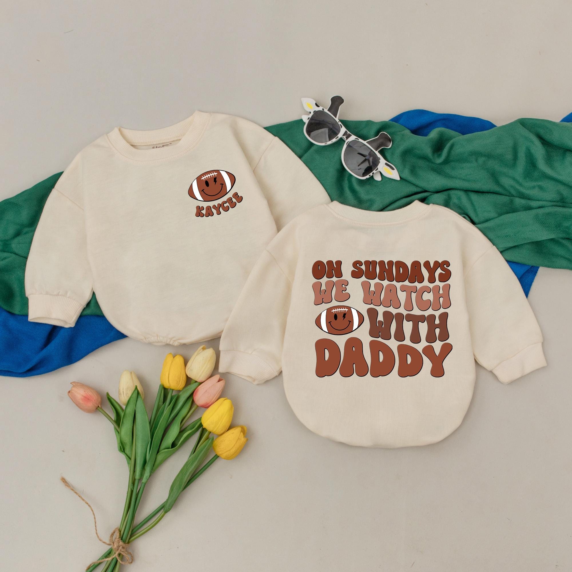 Personalized On Sundays We Watch with Daddy Baby Bodysuit Football Romper Custom Name Game Day Outfit Fall Toddler Boy Girl Gift